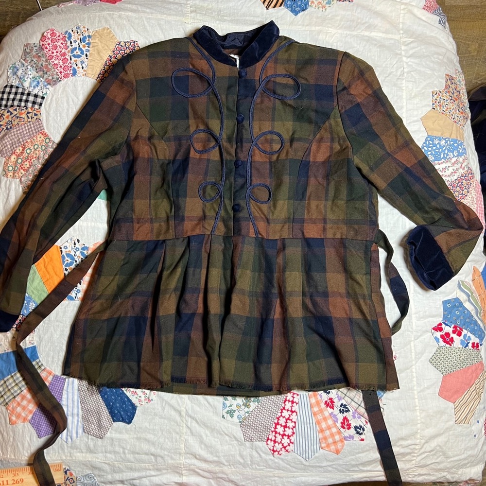 Miss Dorby Petite Vintage Plaid Peplum‎ Jacket Velvet Trim Soutache Green 16P